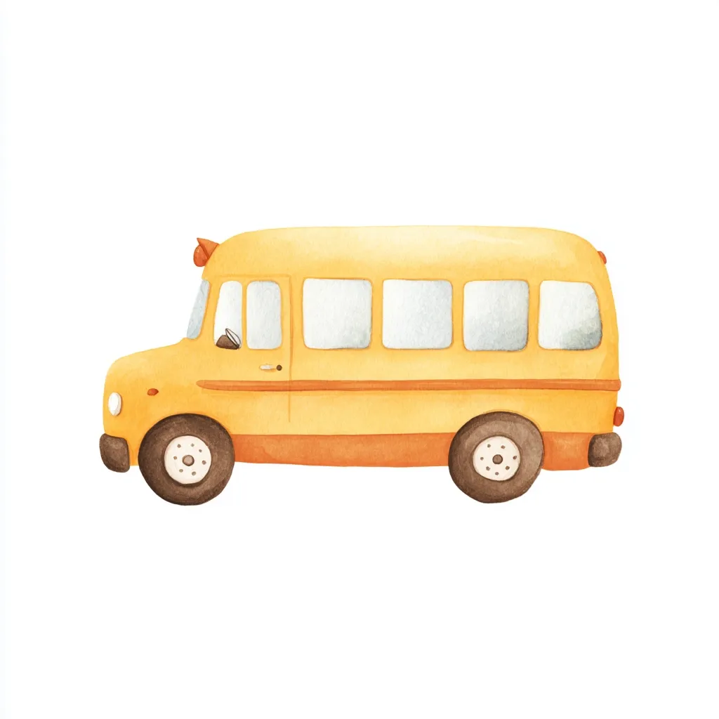A charming watercolor illustration depicts a yellow school bus, rendered in a simplified, childlike style. The bus features large, round wheels and multiple windows, suggesting its role in transporting students. Its cheerful color palette and soft lines create a friendly and inviting image.  The bus is presented in profile view against a plain white background.
