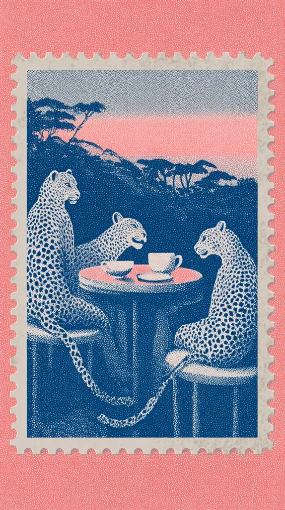 A postage stamp depicts three leopards seated at a small table, enjoying teacups in a serene African landscape at sunset.  The style is stylized, using a pointillist technique in shades of blue and pink.  The leopards are elegantly rendered, their spotted coats detailed against the backdrop of trees and a tranquil sky. The overall effect is both whimsical and sophisticated.