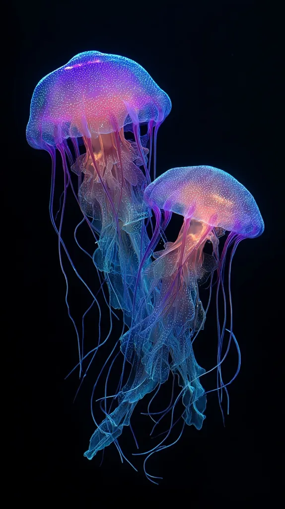 Two jellyfish, glowing with vibrant purple and blue hues, float gracefully against a stark black background.  Their translucent bells are speckled with tiny points of light, and long, delicate tentacles trail behind them. The overall effect is ethereal and mesmerizing, showcasing the beauty of these underwater creatures.