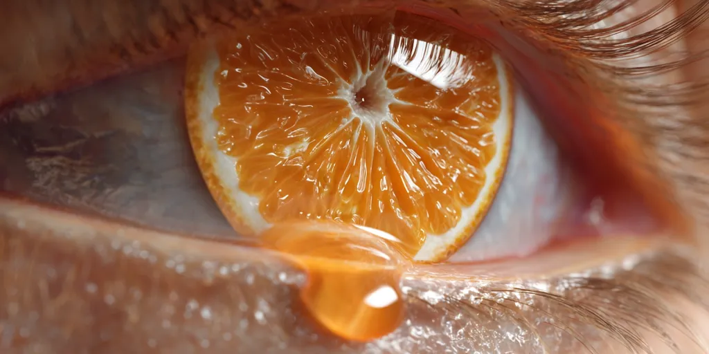 A close-up shot reveals a human eye with a vibrant orange slice covering the pupil.  The orange appears juicy, and a drop of its citrusy liquid trails down the eye's lower lid.  The eyelashes are visible, framing the surreal image with a striking contrast between the organic eye and the bright citrus fruit. The overall effect is both beautiful and slightly unsettling.