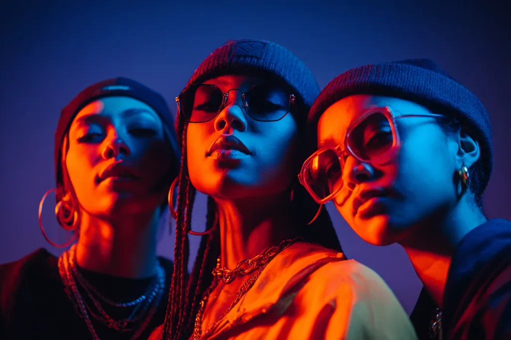 Three young women, stylishly dressed in beanies and sunglasses, pose closely together against a vibrant blue and red neon backdrop.  Their expressions are confident and cool, highlighted by the dramatic lighting.  They wear layered necklaces and hoop earrings, complementing their fashionable attire. The image projects a sense of urban style and youthful energy.