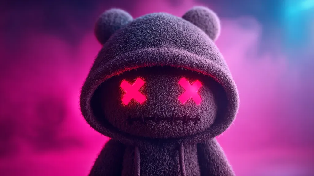 A dark gray, plush hooded creature with glowing pink X's for eyes is the focus.  Its stitched mouth adds to its eerie, slightly unsettling appearance.  The background is a blurred blend of pink and purple, creating a dramatic, moody atmosphere.  The texture of the creature's fur is highly detailed, enhancing its realism.