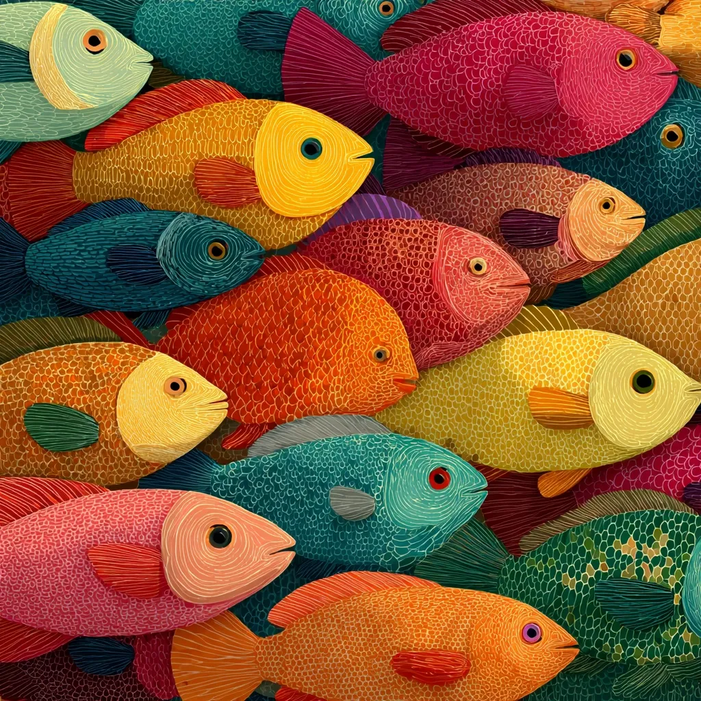 A vibrant illustration showcases a dense school of fish, each rendered with meticulous detail and textured coloring.  The fish are diverse in shape and color, ranging from oranges and reds to blues and greens.  Their scales appear intricately patterned, creating a visually rich and captivating scene.  The overall effect is one of lively underwater abundance.