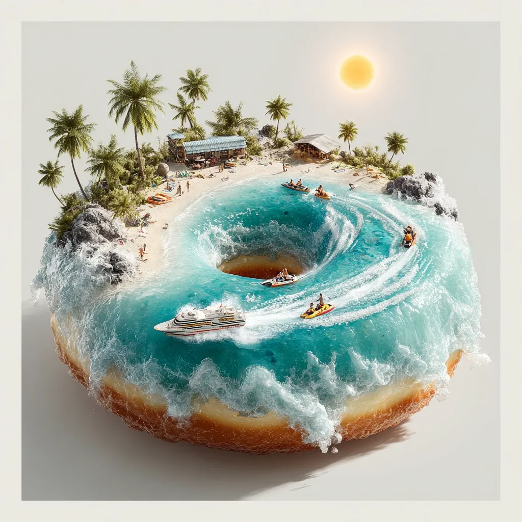A miniature tropical island scene is depicted on a giant donut.  Palm trees line a sandy beach with small figures enjoying water activities. A cruise ship and jet skis navigate the turquoise waters, which form a swirling vortex in the donut's center.  The sun shines brightly overhead, creating a surreal and whimsical image. The donut's glazed surface realistically mimics ocean waves.