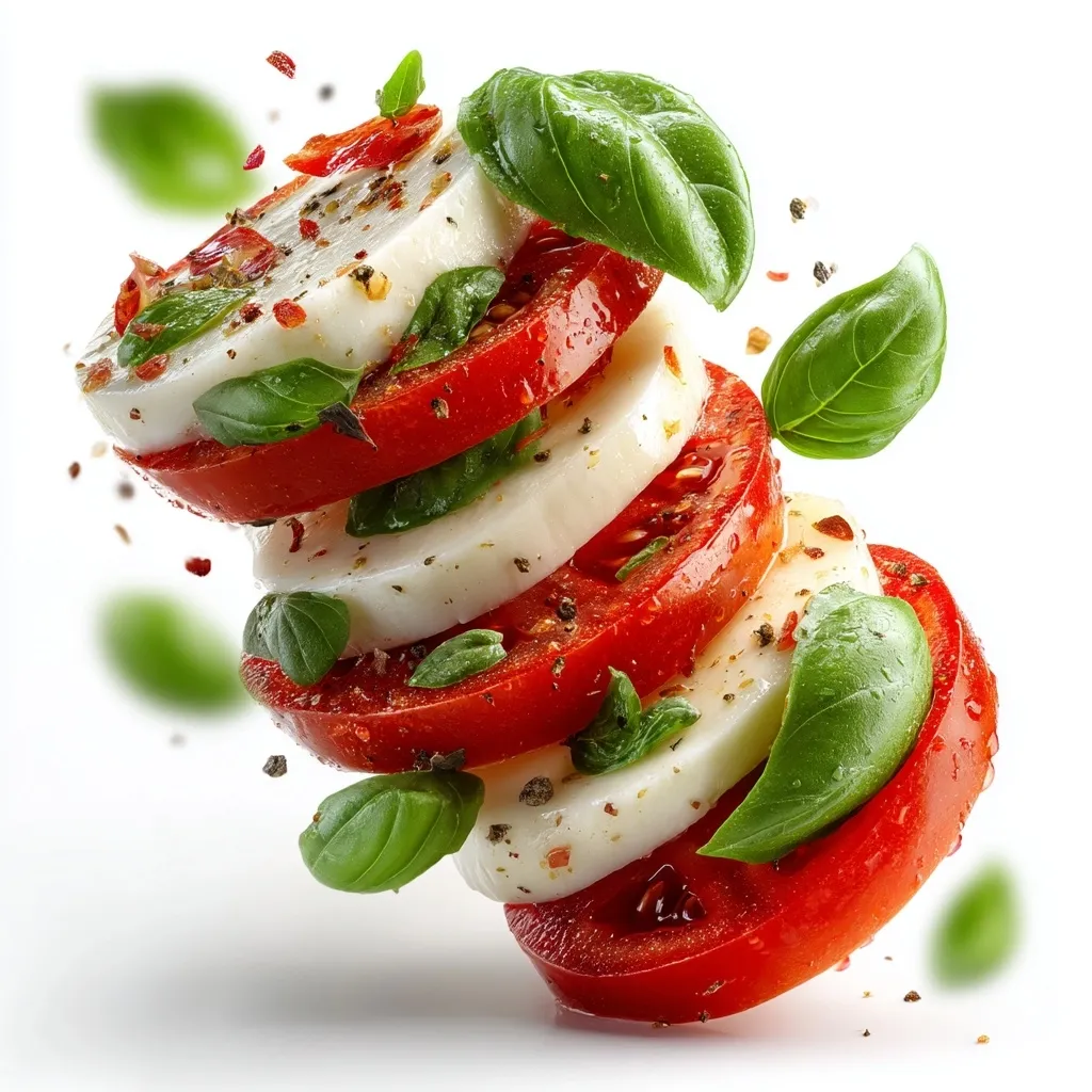 A vibrant stack of caprese salad is captured mid-air, showcasing juicy tomato slices layered with fresh mozzarella and basil leaves.  Red pepper flakes and seasonings are sprinkled throughout, adding a touch of color and spice.  The background is white, emphasizing the freshness and vibrancy of the ingredients.  The overall impression is one of deliciousness and summery lightness.