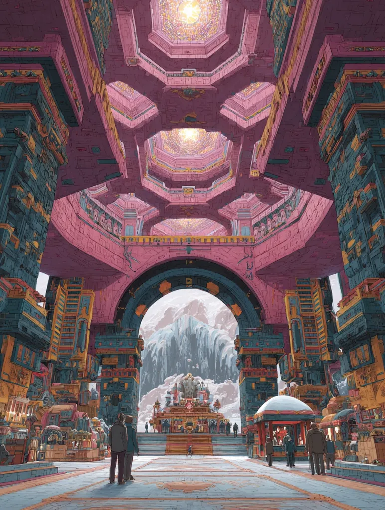 A grand, intricately designed interior space opens to a mountainous landscape through a massive archway.  The architecture is a blend of ancient and futuristic styles, with layered pink and teal structures featuring detailed carvings and geometric patterns.  People are sparsely scattered throughout the immense hall, adding a sense of scale to the fantastical scene. A throne-like structure is visible beyond the archway, beneath a dramatic waterfall.