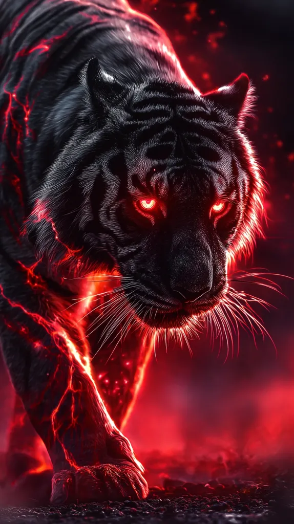 A digital artwork depicts a black tiger with fiery red energy surging through its body.  Its glowing red eyes pierce through the darkness. The tiger's fur is detailed, showing individual strands illuminated by the inner fire.  The background is a blurred red, enhancing the fiery effect and creating a dramatic, powerful image. The overall mood is intense and majestic.
