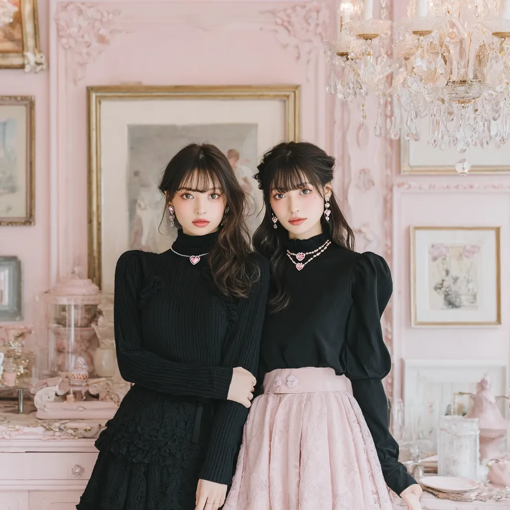 Two young women pose in a lavishly decorated pink room.  Both wear black turtleneck tops; one complements hers with a black lace skirt, while the other pairs hers with a blush pink pleated skirt.  Both have similar hairstyles with bangs and wear delicate heart-shaped jewelry.  The overall aesthetic is elegant and romantic.