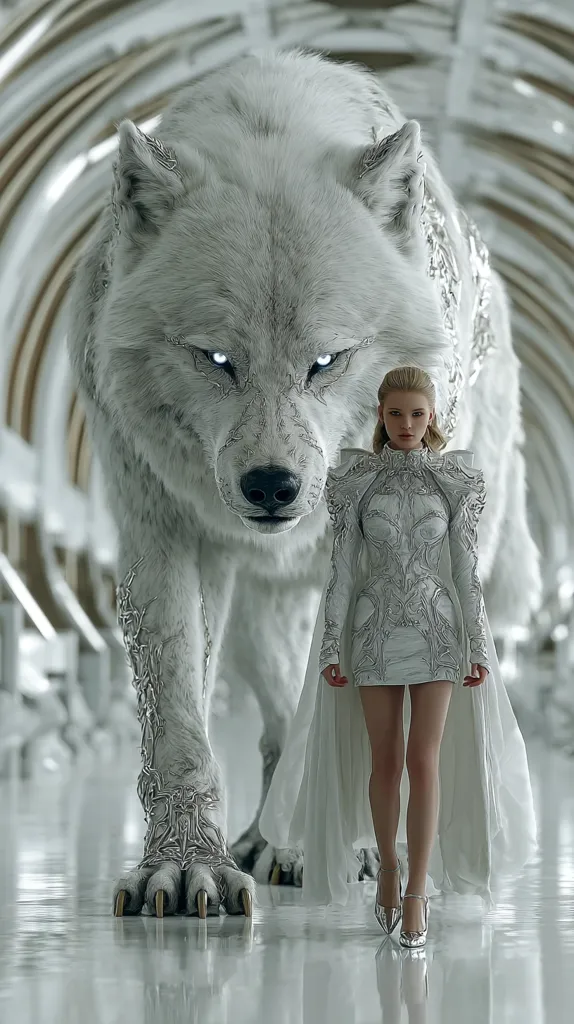 A young woman in an ornate silver gown walks confidently beside an enormous, majestic white wolf.  The wolf, adorned with intricate silver detailing, appears powerful and regal.  They are in a futuristic, white, arched corridor, creating a dramatic and ethereal scene.  The woman's calm demeanor suggests a connection between her and the imposing creature.