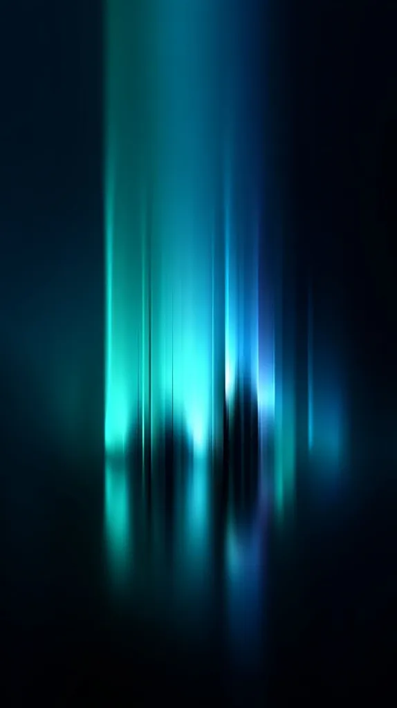 The image is an abstract depiction of vertical streaks of light, predominantly teal and blue, against a dark background.  The lights appear blurred and slightly out of focus, creating a soft, ethereal effect.  A reflection of the lights is visible on a dark, glossy surface below, enhancing the overall dreamy and atmospheric quality.