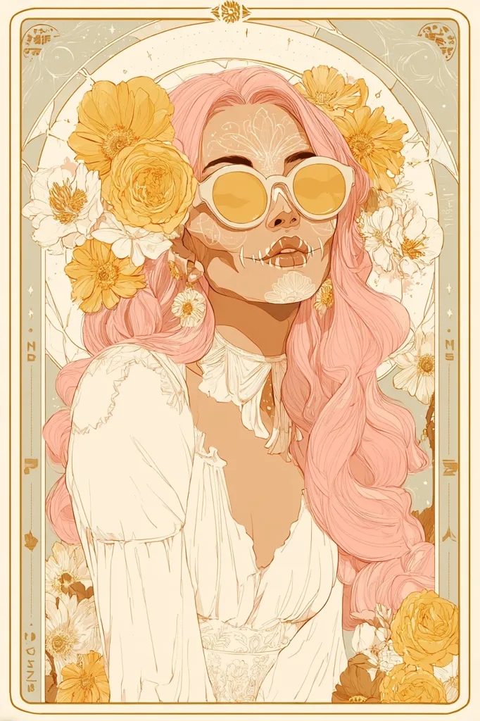 A stylized illustration of a woman with long pink hair adorned with yellow and white flowers.  She wears a cream-colored dress and large, round yellow sunglasses.  Her face features delicate, white skull-like makeup, reminiscent of Dia de los Muertos. The art style is reminiscent of Art Nouveau, with a decorative border and soft pastel tones.  The overall aesthetic is elegant and ethereal.