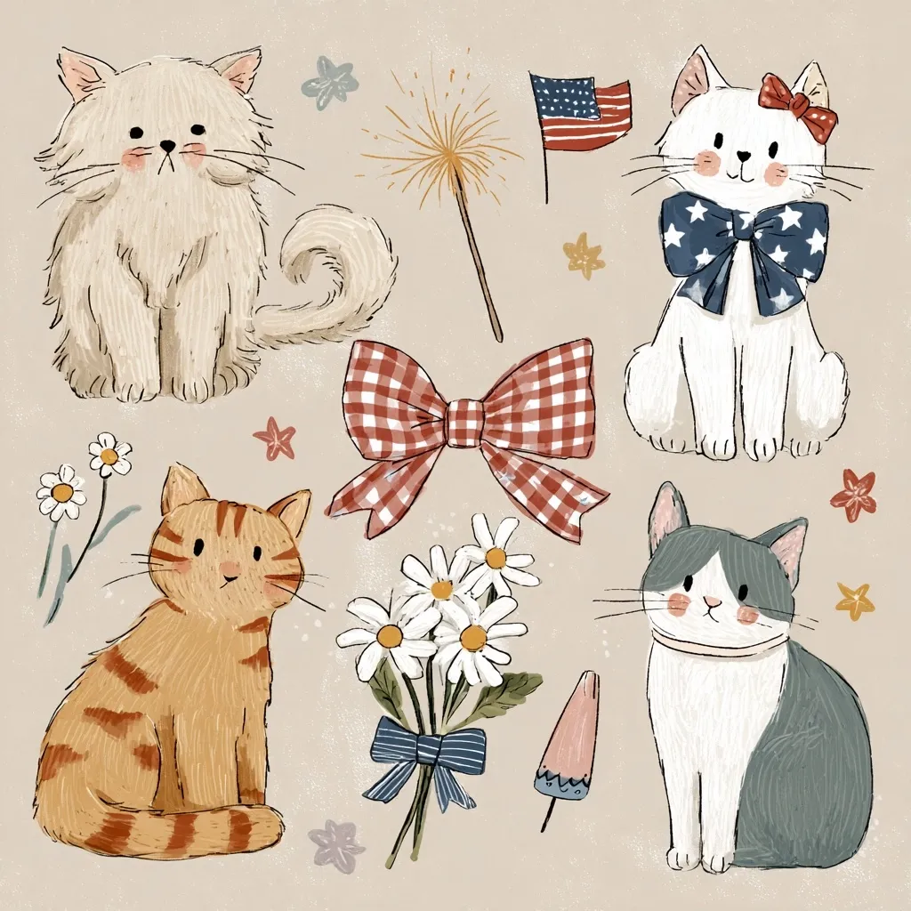 A charming collection of illustrated cats celebrates Independence Day.  A fluffy white cat, a ginger tabby, and a grey and white cat are featured alongside patriotic symbols: an American flag, a star-spangled bow, and a red gingham bow.  Daisies and a firework add to the festive, summery design, creating a cute and whimsical illustration.