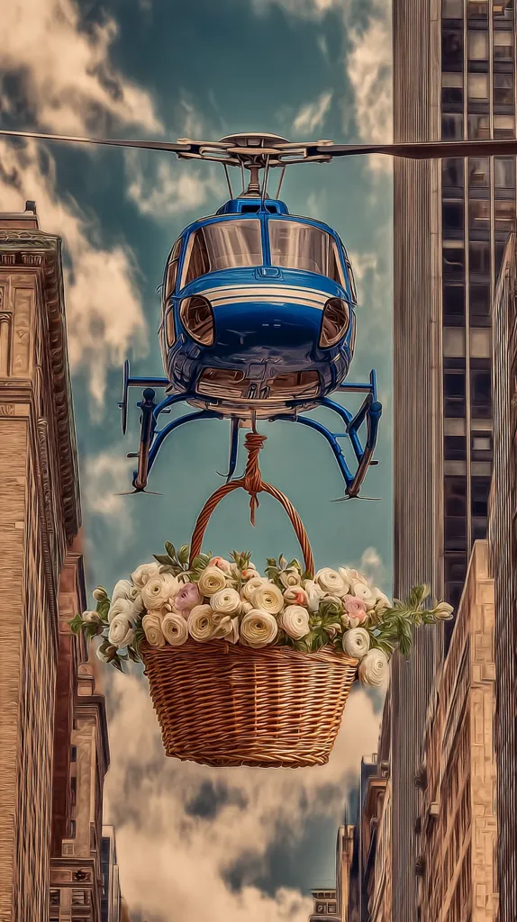 A blue helicopter hovers against a cloudy sky, between tall city buildings.  Suspended beneath it, a wicker basket overflows with a vibrant bouquet of white and cream ranunculus flowers. The scene is painted in a stylized manner, with a slightly painterly effect enhancing the image's dreamy quality. The juxtaposition of the modern helicopter with the traditional floral basket creates an unexpected and visually striking composition.