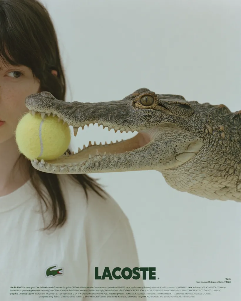A young woman in a white Lacoste shirt is featured in a close-up shot.  A crocodile gently holds a tennis ball in its mouth, positioned near the woman's face.  The image is minimalist, with a white background and emphasizes the brand's iconic crocodile logo. The overall mood is surreal and playful, creating an unexpected and memorable visual.