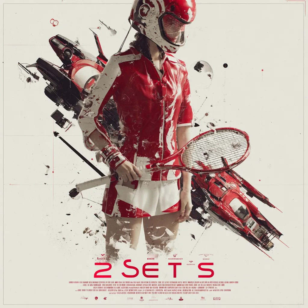 A stylized poster for the film "2 Sets" features a woman in a red racing suit and helmet, holding a tennis racket.  The background is an abstract collage of red and black spaceship debris, splashed with white paint, creating a dynamic and futuristic aesthetic. The overall design is bold and striking, blending sports and sci-fi elements.