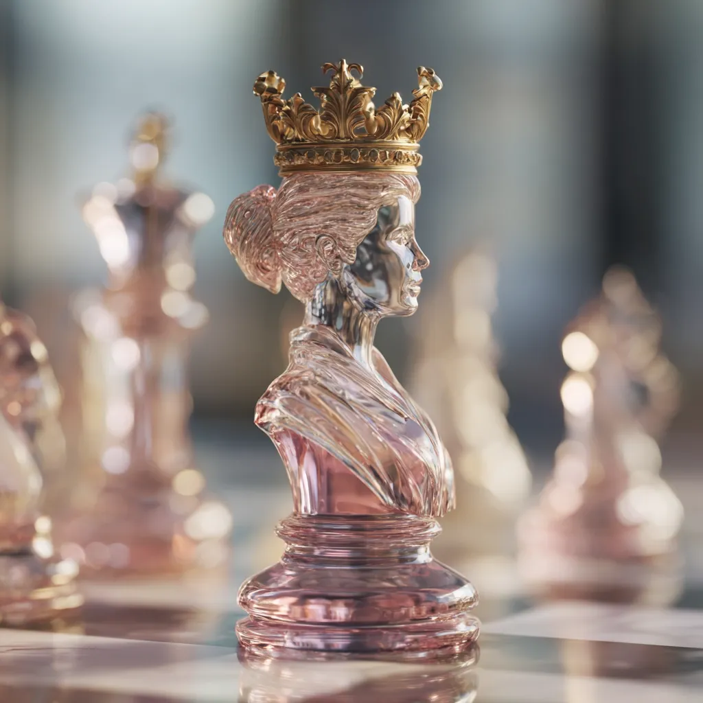 A close-up shot reveals a glass chess queen, adorned with a golden crown.  The queen's bust is delicately sculpted, showcasing a serene profile.  The piece has a soft pink hue, contrasting beautifully with the gold crown. The background subtly blurs other chess pieces, emphasizing the queen's regal presence. The image suggests luxury and power.