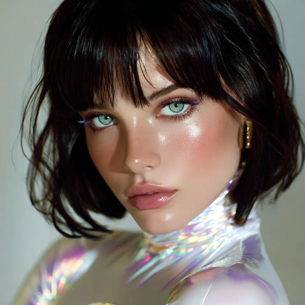 Close-up portrait of a young woman with a bob haircut and bangs.  She has striking green eyes, highlighted cheekbones, and is wearing iridescent, futuristic-looking clothing. Her makeup is subtly radiant, emphasizing her natural beauty. The overall aesthetic is modern and ethereal.