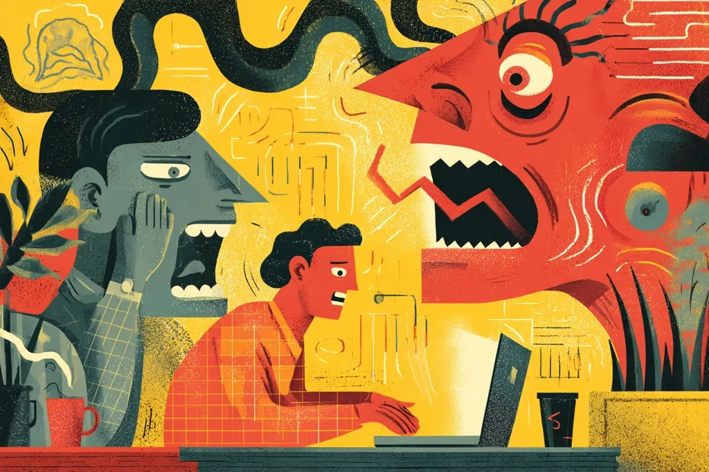 A stylized illustration depicts a person working on a laptop, overwhelmed by a monstrous, red, screaming figure looming over them.  Another person in the background is also shown, covering their ears and screaming in response to the monster.  The overall style is bold and graphic, using strong colors and textures to convey a feeling of stress and anxiety.  The background is a chaotic blend of yellow and black lines, adding to the sense of unease.