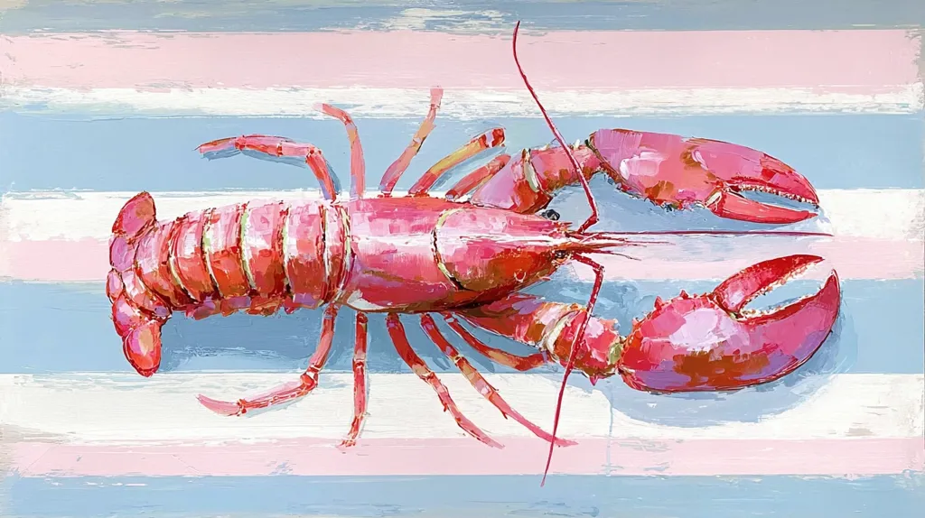A vibrant painting depicts a large, pink lobster positioned on a surface with pale blue and pink horizontal stripes. The lobster's details are rendered with visible brushstrokes, showcasing a textured and expressive style. The colors are bright and saturated, creating a cheerful and eye-catching composition. The background's striped pattern provides a visually appealing contrast to the lobster's form.