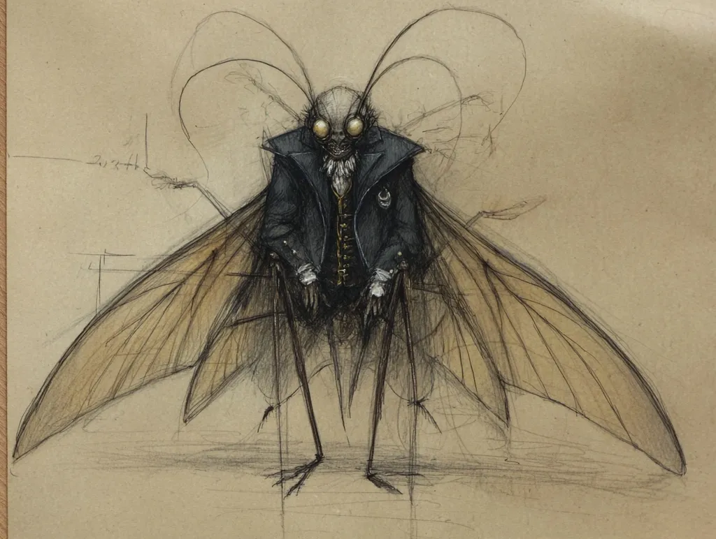 A pencil sketch depicts a fantastical creature, a humanoid moth.  It's dressed in a dark Victorian-style coat and waistcoat, its insect-like features prominent.  Large, delicate wings extend from its back, and long, thin legs support its body. The creature's face is insectoid with large, round eyes, giving it a somewhat sinister yet elegant appearance.  The sketch is detailed, with shading adding depth and texture.