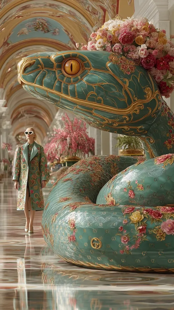 A woman in a floral-patterned coat walks past a large, ornate, teal snake sculpture adorned with flowers and gold detailing.  The sculpture is situated in a luxurious, marble-floored interior with a high, ornate ceiling.  The overall aesthetic is opulent and fantastical, blending fashion and art. The Gucci logo is subtly incorporated into the snake's design.