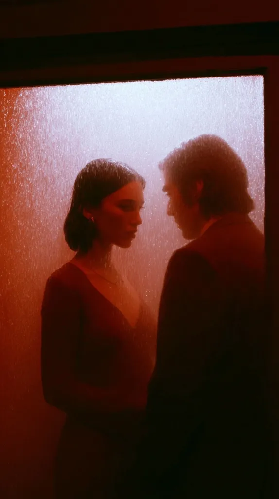 A young couple stands close, their faces partially obscured by a rain-streaked glass door.  The red-toned lighting creates a romantic, yet slightly mysterious atmosphere.  The woman wears a dark red dress, her short hair framing her face.  The man, in a dark suit, is slightly taller.  Their intimacy is palpable despite the barrier between them.