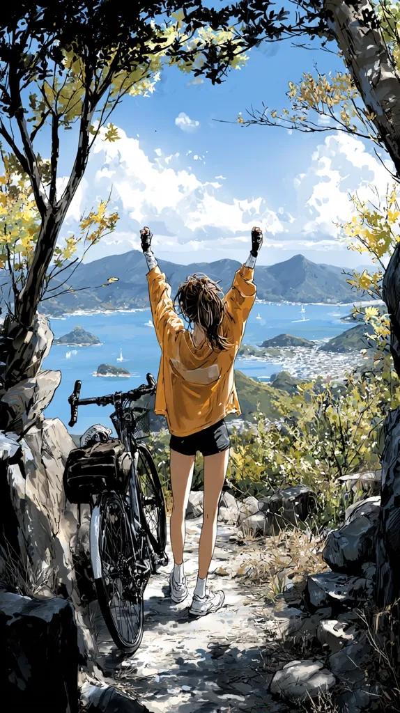 A woman stands with arms raised in triumph, overlooking a breathtaking coastal vista.  Her bicycle rests nearby on a rocky path, framed by lush green foliage and trees.  The sun shines brightly on the scene, highlighting the vast expanse of blue water dotted with islands and distant hills.  A feeling of accomplishment and serene beauty pervades the image.
