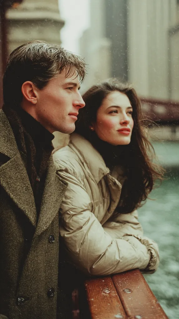 A man and a woman stand close together, leaning on a wooden railing.  He's in a dark green tweed coat, she in a light beige puffer jacket.  The city backdrop is blurred, suggesting a cold, possibly rainy day. Their expressions are contemplative, gazing towards the water in the background. The overall mood is romantic and intimate.