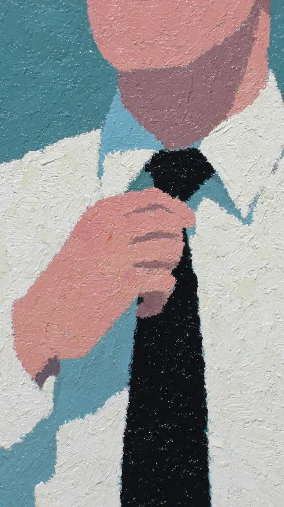 A close-up, impasto painting depicts a person's hand adjusting a dark tie against a white collared shirt.  The style is abstract and uses bold blocks of color, primarily pale pinks, whites, teal, and black. The thick application of paint creates a textured surface.  The focus is on the gesture of the hand and the contrast between the colors.