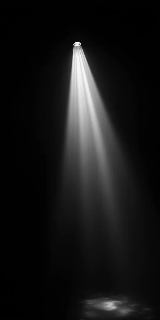 A single spotlight illuminates a dark stage from above.  The beam of light is sharply defined, creating distinct rays that spread downwards, casting a bright patch on the floor.  The overall image is stark, contrasting the intense brightness of the spotlight with the deep, enveloping darkness. The scene evokes a sense of mystery and anticipation.