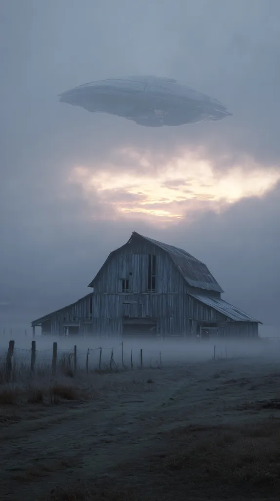A large, grey spaceship hovers silently in a misty sky above a lonely, weathered barn.  The barn stands in a fog-shrouded field, enclosed by a dilapidated fence.  The scene is eerily quiet, the soft light of dawn barely piercing the thick mist. The overall atmosphere is one of mystery and anticipation.
