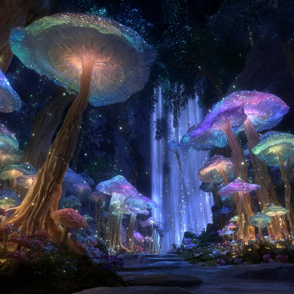 A magical forest path winds through a luminescent mushroom grove.  Giant, bioluminescent fungi in vibrant blues, purples, and pinks illuminate the scene, casting an ethereal glow. A waterfall cascades down a rock face, its water shimmering with magical light.  Tiny flowers dot the ground, completing this enchanting, otherworldly landscape.