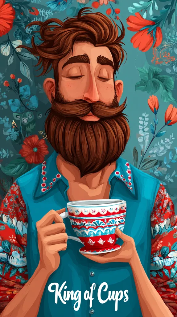 A stylized illustration titled "King of Cups" depicts a bearded man with his eyes closed, serenely holding a vibrantly patterned teacup. He's dressed in a teal shirt with a red floral pattern, surrounded by a lush backdrop of teal leaves and red flowers. The overall mood is one of peaceful contentment and tranquility.  The man's relaxed pose and the colorful setting create a calming and visually appealing image.