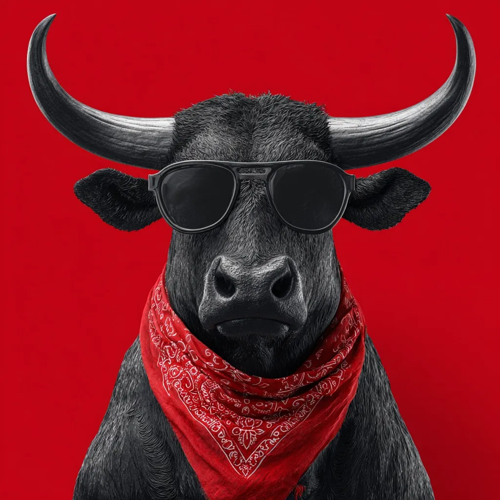 A close-up shot reveals a black bull, its large horns curving elegantly.  The bull sports a pair of dark sunglasses and a vibrant red bandana around its neck. The backdrop is a solid, bold red, creating a striking contrast with the bull's dark fur. The image is stylized and evokes a sense of cool, rebellious attitude.