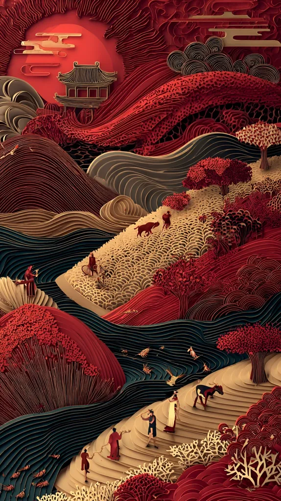 A stunning paper art piece depicts a serene Asian landscape.  Layered, intricately cut paper creates rolling hills, stylized trees, and a traditional pavilion under a red sun.  Tiny figures of people and animals populate the scene, adding a sense of scale and narrative.  The rich palette of reds, golds, and blacks contributes to the artwork's captivating visual depth and texture.  The style evokes traditional East Asian art with a modern, three-dimensional twist.