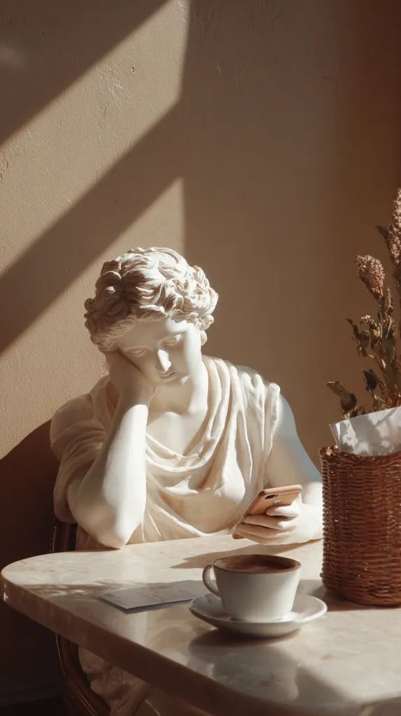 A classical sculpture of a woman sits at a table, seemingly holding a smartphone.  Sunlight streams through a window, casting shadows on the beige wall.  A cup of coffee sits on the table next to a woven basket. The scene is serene and evokes a sense of timeless elegance and quiet contemplation.  The overall aesthetic is muted and sophisticated.