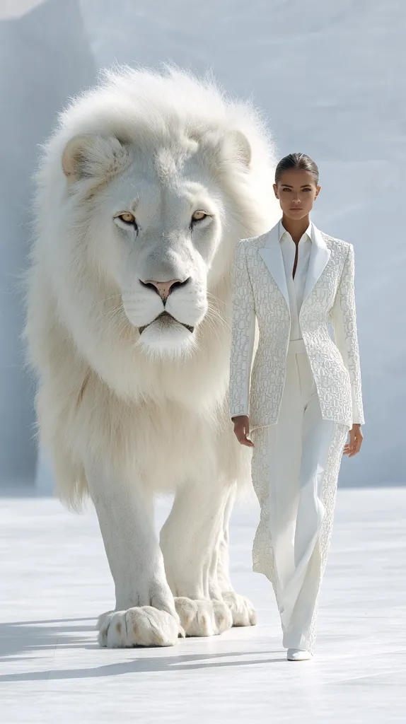 A fashion model in an all-white textured suit walks confidently beside a majestic white lion.  The monochromatic palette creates a striking visual, emphasizing the elegance of both the model and the animal.  The scene is minimalist and serene, suggesting power and grace. The lion's presence adds a dramatic element to the otherwise sleek fashion statement.
