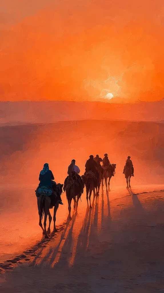 A caravan of camels carrying riders traverses a desert landscape at sunset.  The setting sun casts long shadows across the sand, creating a dramatic, warm-toned scene.  The silhouettes of the camels and riders are stark against the vibrant orange sky.  Dust hangs in the air, adding to the atmospheric perspective.  The overall impression is one of journey, solitude, and the vastness of the desert.