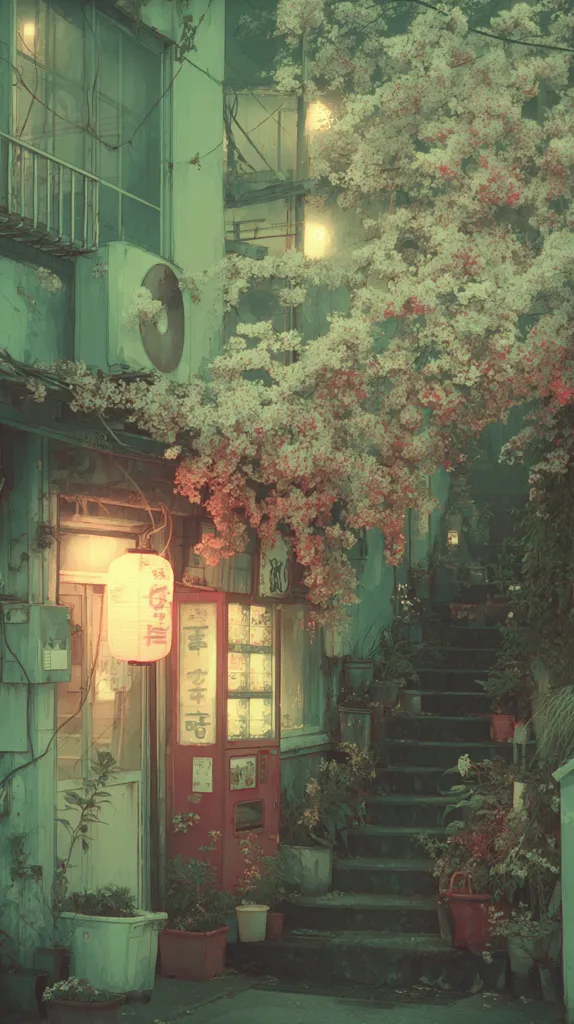 A quaint, dimly lit Japanese alleyway scene.  A building with a vending machine and a paper lantern hangs outside. Lush greenery, including a blossoming tree, overflows onto the stone steps leading upward. The muted, green-toned image creates a serene, almost dreamlike atmosphere.  Planters add to the ambiance, contributing to the overall peaceful feeling.