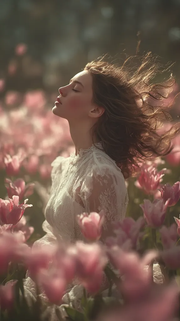 A young woman in a white lace dress stands amidst a field of pink tulips.  Her eyes are closed, head tilted back, and her hair flows freely in the breeze.  The soft, warm light suggests a serene and peaceful moment in nature. The overall mood is dreamy and romantic.