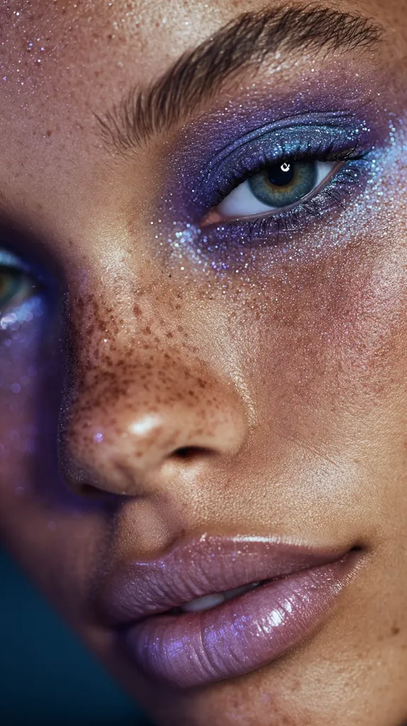 Close-up of a woman's face, showcasing a striking makeup look.  Her eyes are adorned with iridescent purple and silver glitter eyeshadow, complementing her freckled skin.  A glossy, mauve-toned lip gloss completes the ethereal, otherworldly aesthetic. The lighting enhances the texture of her skin and the sparkle of the makeup.