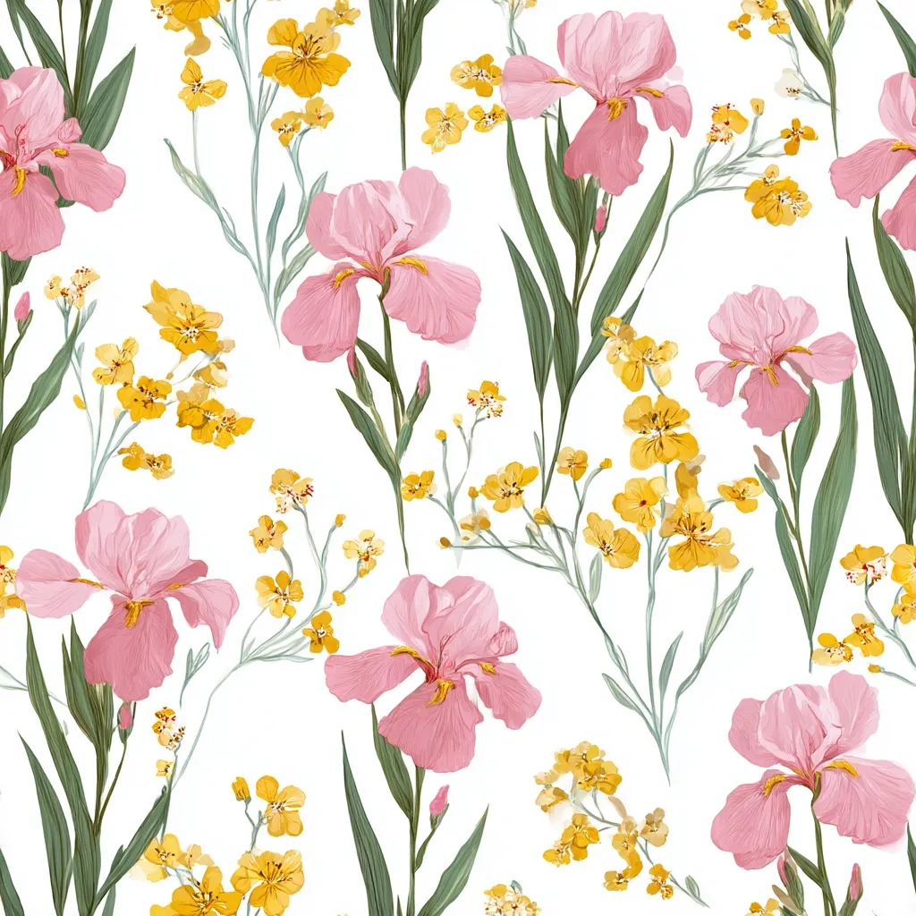 A seamless floral pattern features delicate pink irises and smaller, bright yellow wildflowers on a white background.  The irises are rendered with soft, slightly painterly detail, while the smaller flowers provide a contrasting burst of color.  The design is elegant and romantic, suitable for textiles or wallpaper.  Green stems and leaves complete the natural look.