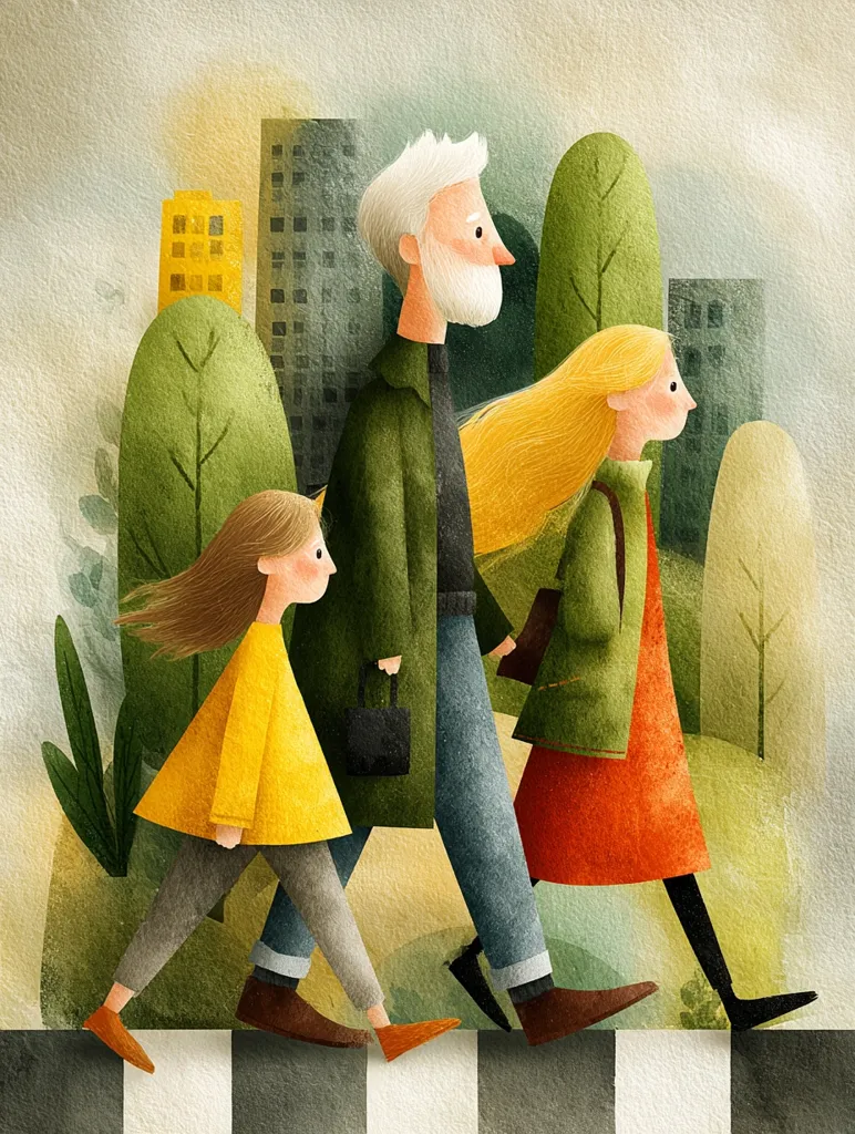 A charming illustration depicts a grandfather, granddaughter, and daughter crossing a pedestrian crossing.  The grandfather, with white hair and a beard, wears a green coat.  His granddaughter and daughter, in yellow and orange coats respectively, walk alongside him.  The scene is set against a backdrop of stylized city buildings and trees, creating a peaceful, urban atmosphere.  The style is reminiscent of children's book illustration, with soft, muted colors and simple shapes.