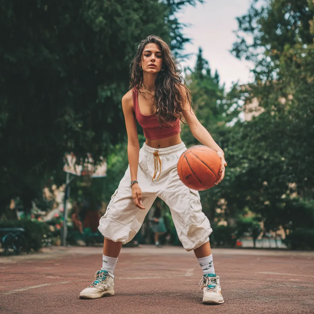 A young woman with long brown hair stands on a basketball court, dribbling a basketball. She's wearing a maroon crop top, loose white cargo pants, and high-top sneakers.  Her confident pose and the outdoor setting create a stylish, sporty image. The background features lush green trees, suggesting a park or outdoor court.  The overall mood is one of casual athleticism and effortless cool.