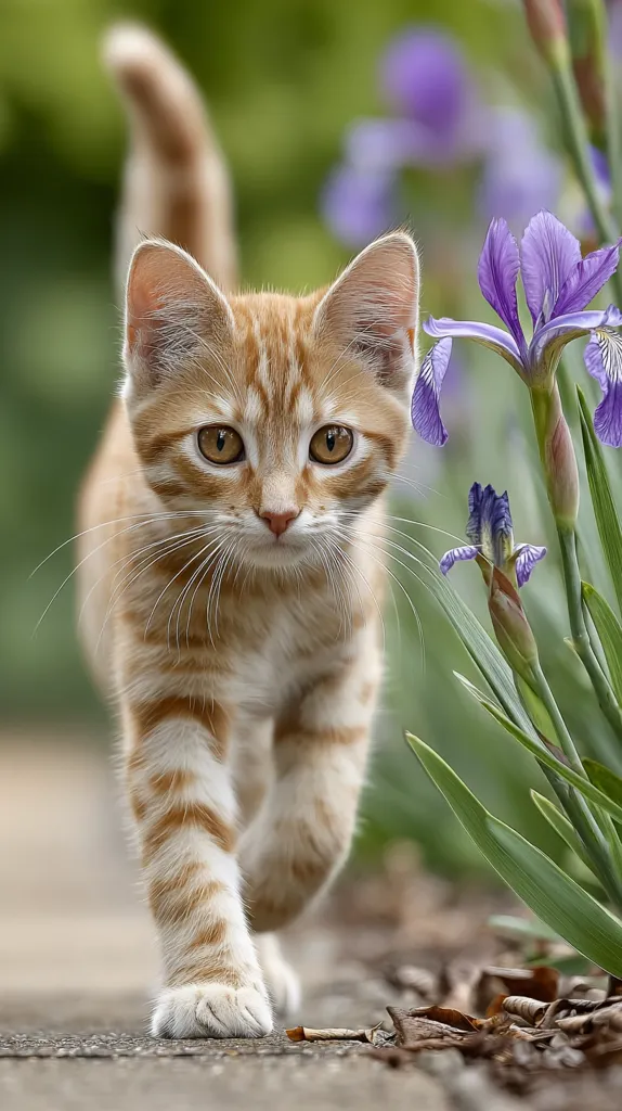 An adorable ginger kitten with white paws walks towards the camera, its tail held high.  It's strolling along a path bordered by vibrant purple irises in full bloom. The background is softly blurred, focusing attention on the cute kitten and the contrasting colors of its fur and the flowers. The scene is peaceful and idyllic.