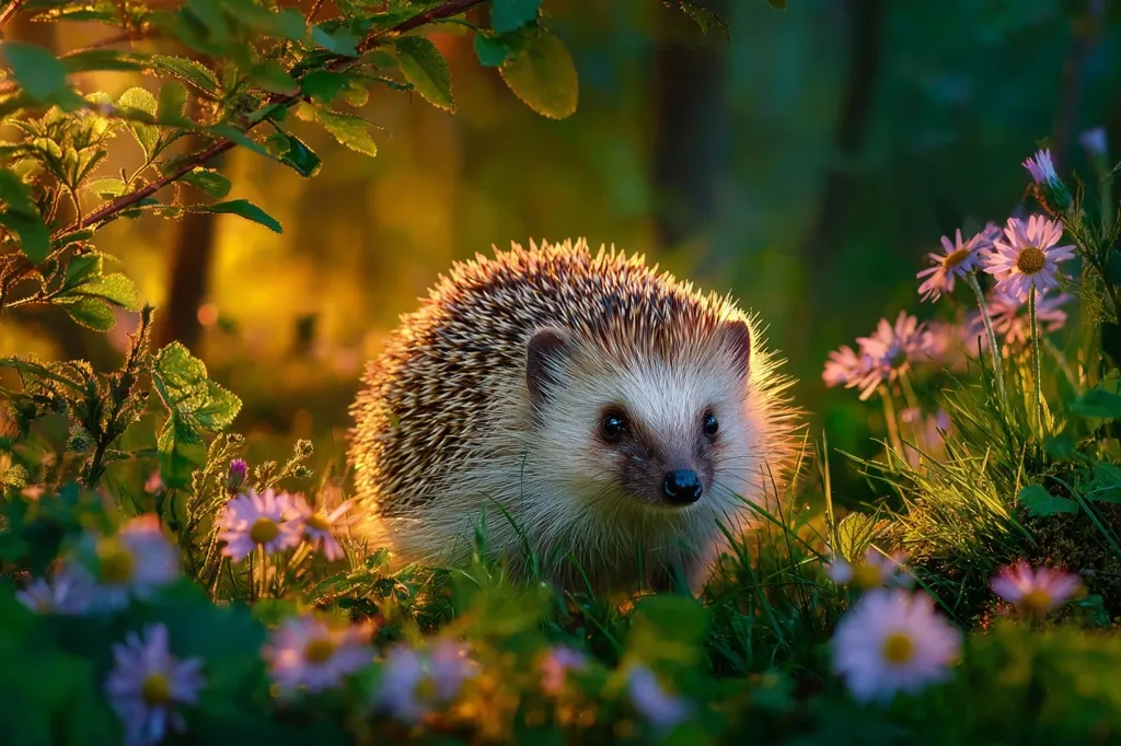 A hedgehog stands in a lush, sun-drenched meadow, surrounded by vibrant wildflowers.  The warm golden light illuminates the hedgehog's quills and the delicate petals of the flowers. The scene is peaceful and idyllic, showcasing the beauty of nature.  The hedgehog's dark eyes are visible, adding a touch of charm to this captivating image.