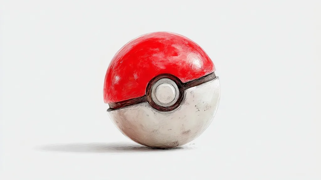 The image shows a stylized drawing of a Poké Ball, a common item in the Pokémon franchise.  The Poké Ball is depicted in a realistic manner, with a textured surface suggesting wear. The red top half contrasts with the off-white bottom, and the central button is clearly visible.  The style resembles a colored pencil sketch, lending a slightly rough, hand-drawn quality to the image.