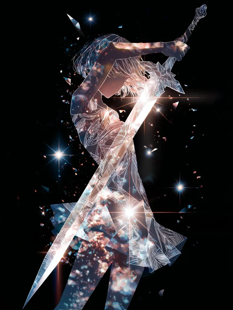 A stylized anime girl, seemingly made of starlight and shattered glass, wields a large, luminous sword.  Her form is ethereal, a delicate line drawing overlaid with a cosmic texture.  She is captured in a dynamic pose, suggesting power and grace amidst a glittering, dark background sprinkled with stars.  The overall effect is one of magical energy and otherworldly beauty.