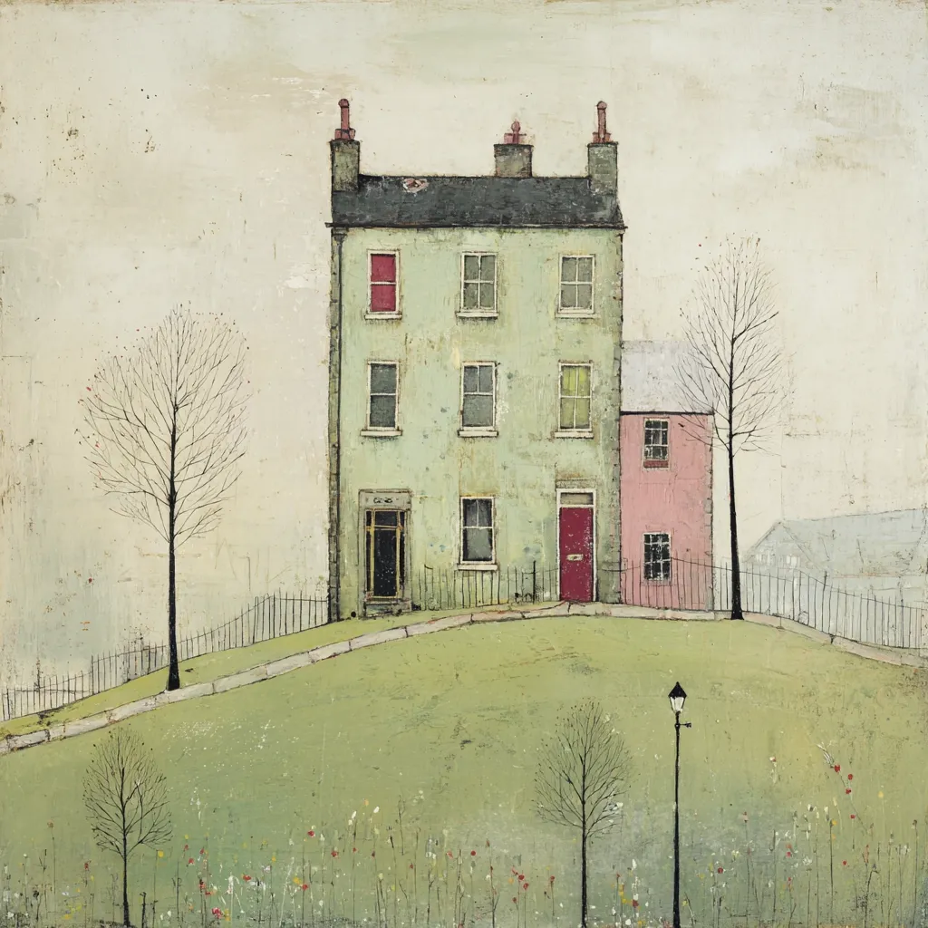 A pastel-toned painting depicts a serene scene. A three-story pale green house with a smaller pink house beside it sits atop a gentle hill.  Bare, winter trees stand on either side, and a low fence encloses the grassy hill.  Sparse, delicate wildflowers dot the foreground. A lone lamppost stands in the lower right, adding to the quiet atmosphere. The style is simplistic and slightly impressionistic.