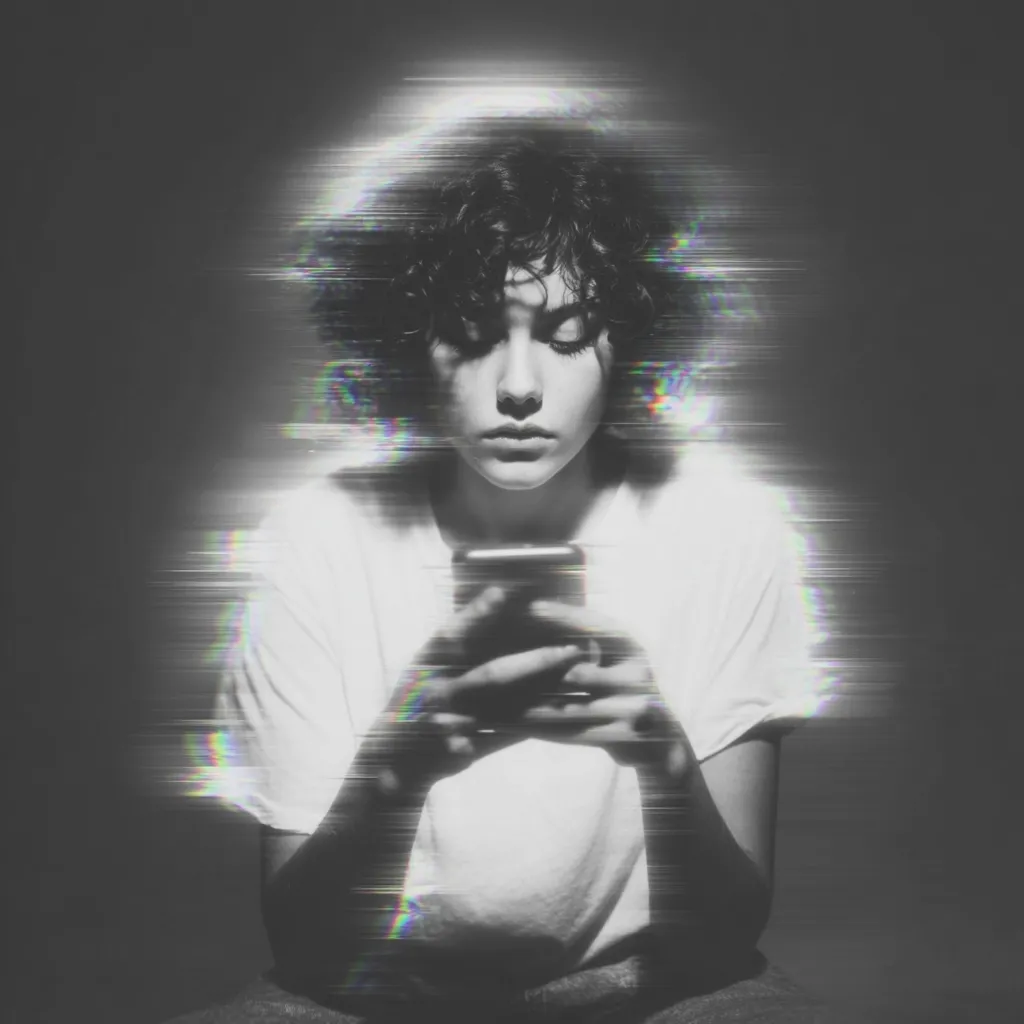 A black and white image depicts a young person with short curly hair, seated and engrossed in a smartphone.  The individual's face is partially obscured by a digital glitch effect, creating a surreal and somewhat unsettling atmosphere. The overall tone suggests themes of technology's impact on mental well-being and the blurring lines between reality and the digital world.